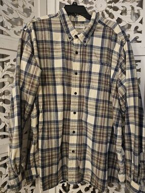 L.L. Bean Cream, Blue and Brown Plaid Button-Down Shirt
